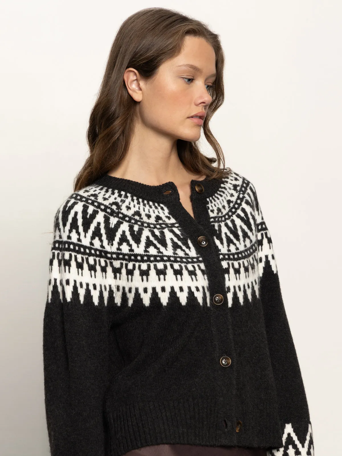 Layered Neckline Tailored Silhouette Fairisle Crewneck Cardi Ink Multi