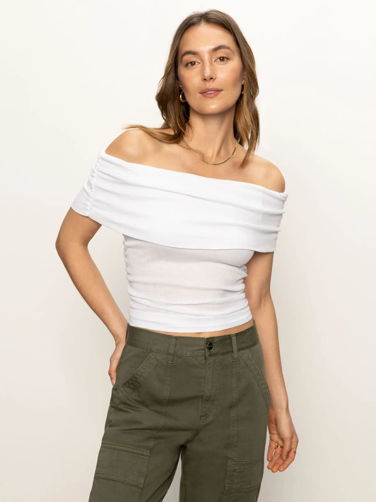 Non Irritating Collar Off Shoulder Rib Tee White