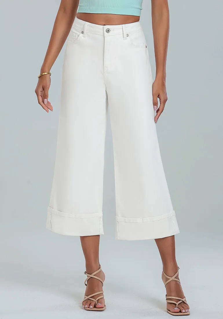Off White Women's High Waisted Wide Leg Denim Jeans Cuffed Hem Baggy Pockets Capri Pants