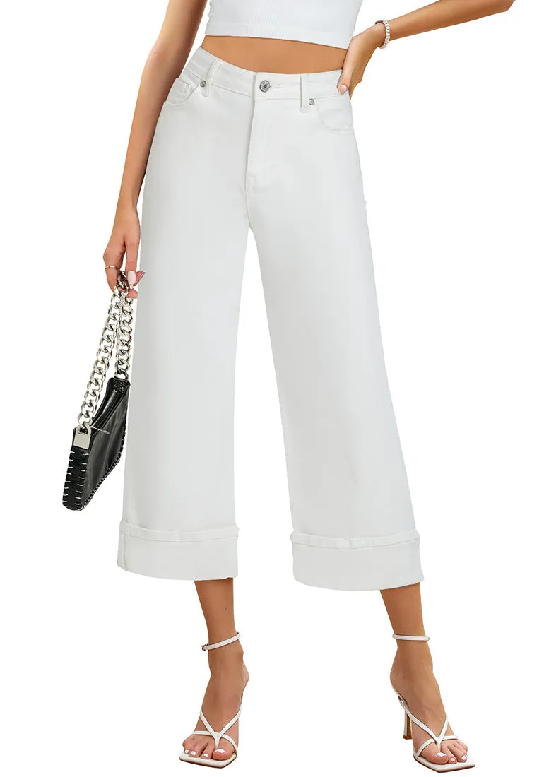 Off White Women's High Waisted Wide Leg Denim Jeans Cuffed Hem Baggy Pockets Capri Pants