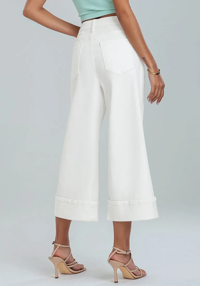 Off White Women's High Waisted Wide Leg Denim Jeans Cuffed Hem Baggy Pockets Capri Pants