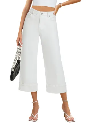 Off White Women's High Waisted Wide Leg Denim Jeans Cuffed Hem Baggy Pockets Capri Pants