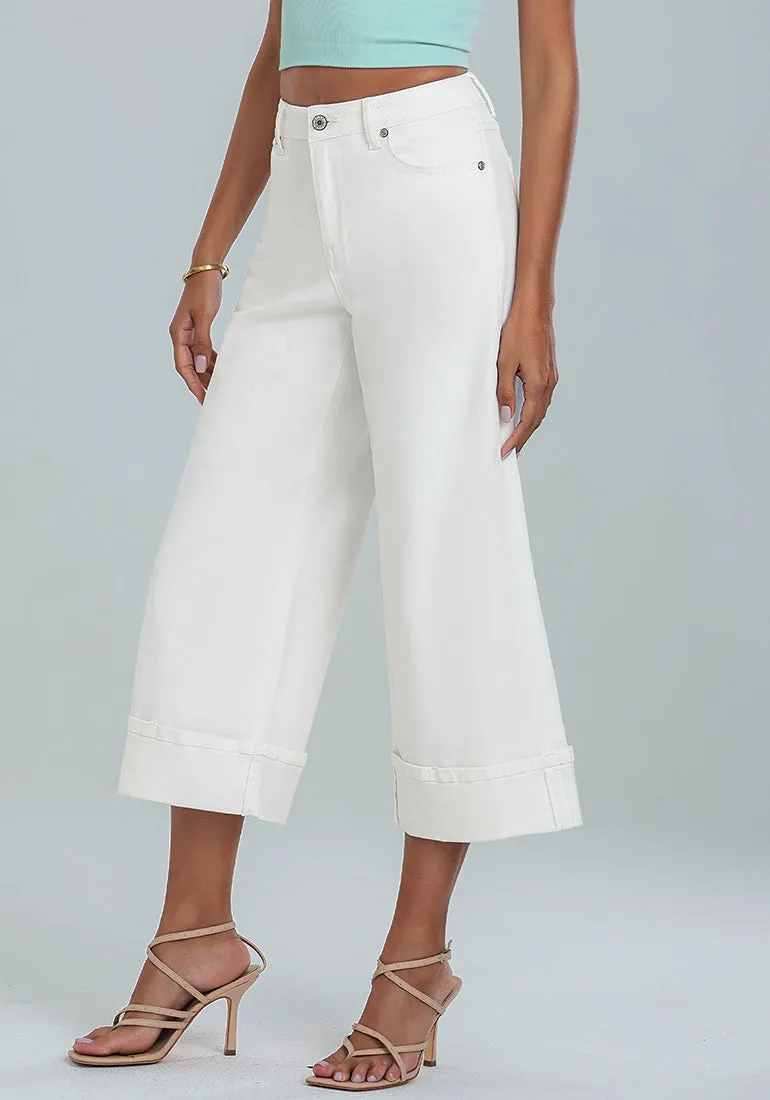Off White Women's High Waisted Wide Leg Denim Jeans Cuffed Hem Baggy Pockets Capri Pants