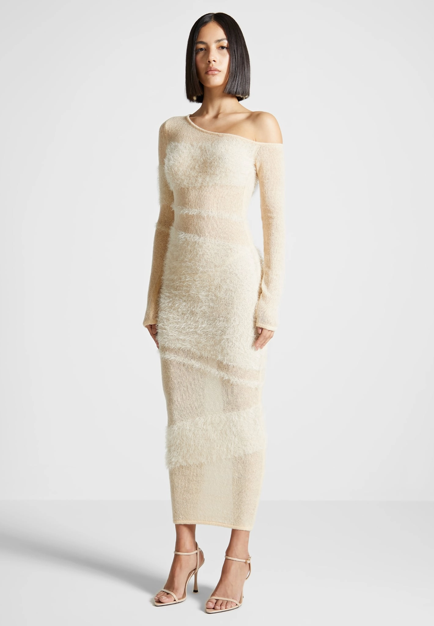 Off Shoulder Knitted Maxi Dress - Beige Easy Care Fabric