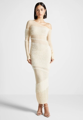 Off Shoulder Knitted Maxi Dress - Beige Versatile Casual Look Stylish Staple