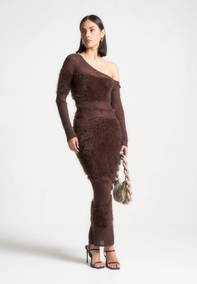 Off Shoulder Knitted Maxi Dress - Brown Garment Shaping Panels
