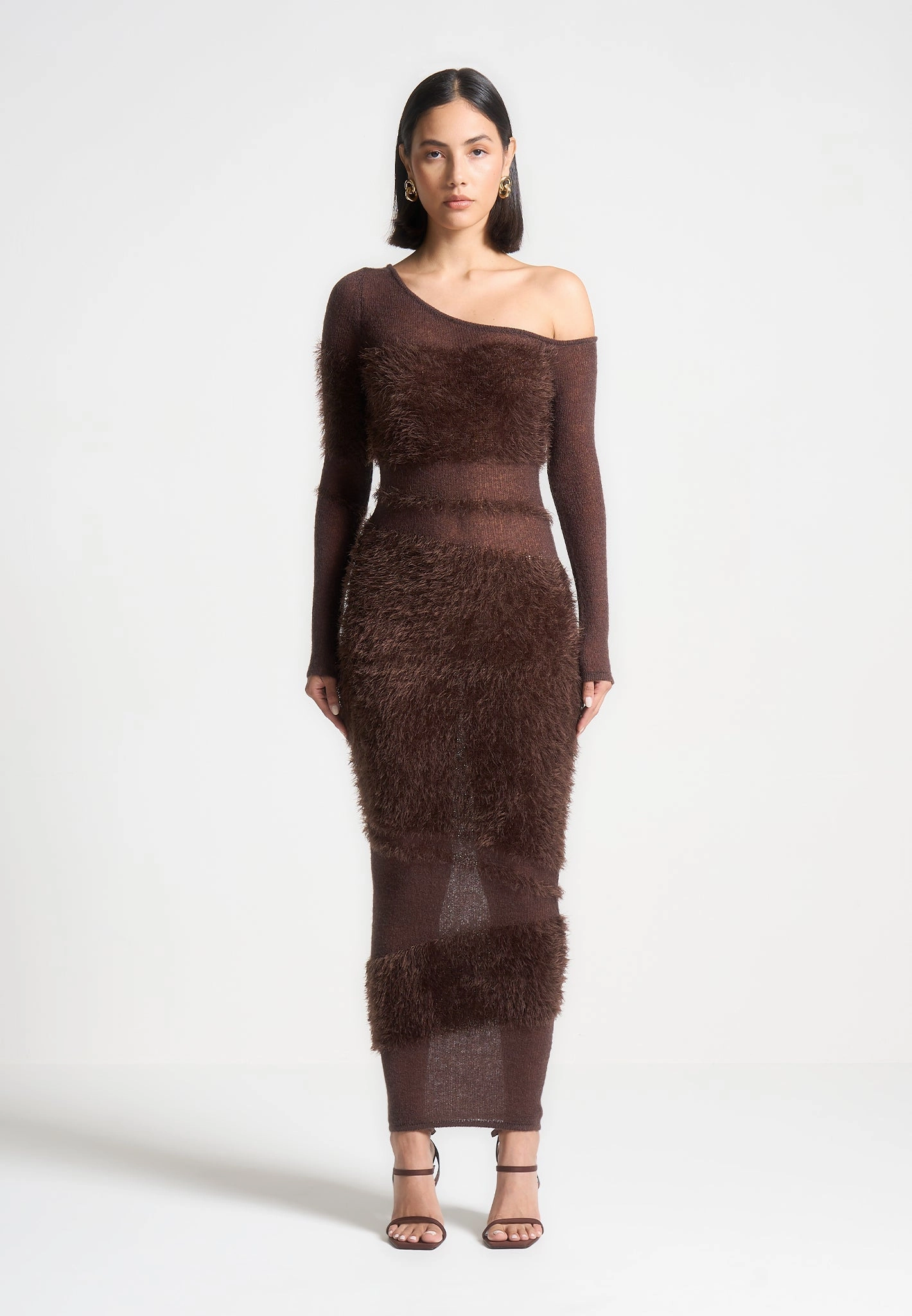 Off Shoulder Knitted Maxi Dress - Brown No Season Quick Dressing