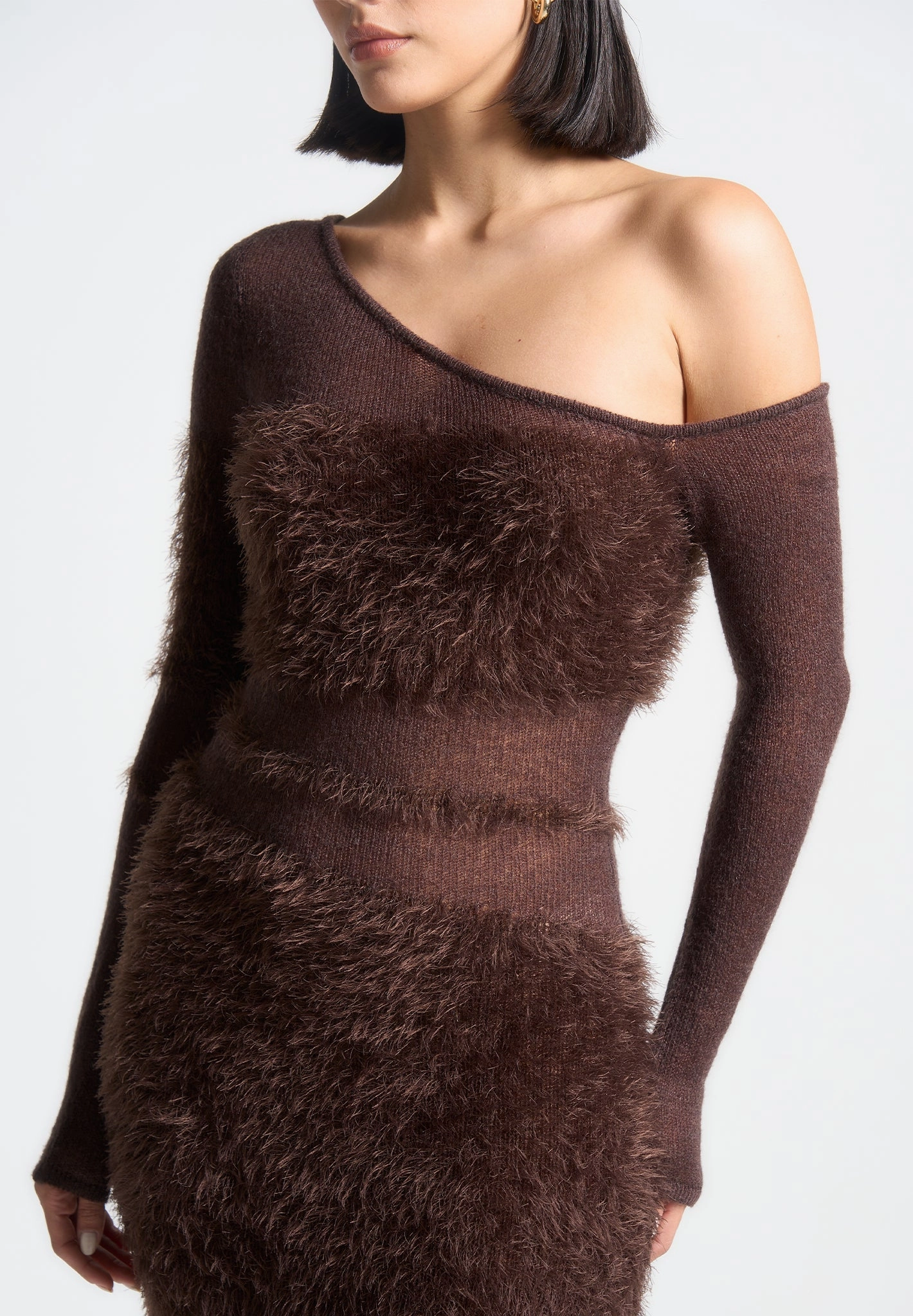 Oversized Collar Style Off Shoulder Knitted Maxi Dress - Brown