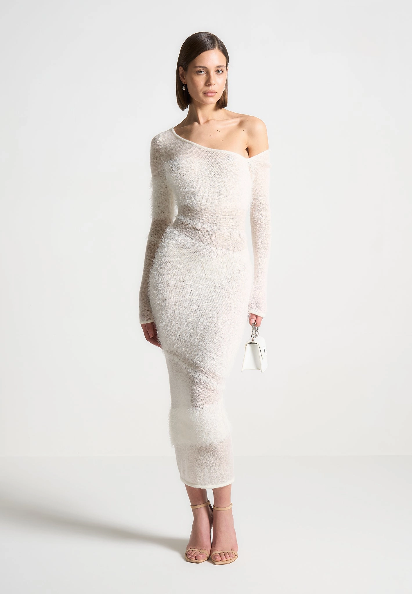 Yarn Dyed Seam Free Edges Off Shoulder Knitted Maxi Dress - Off White