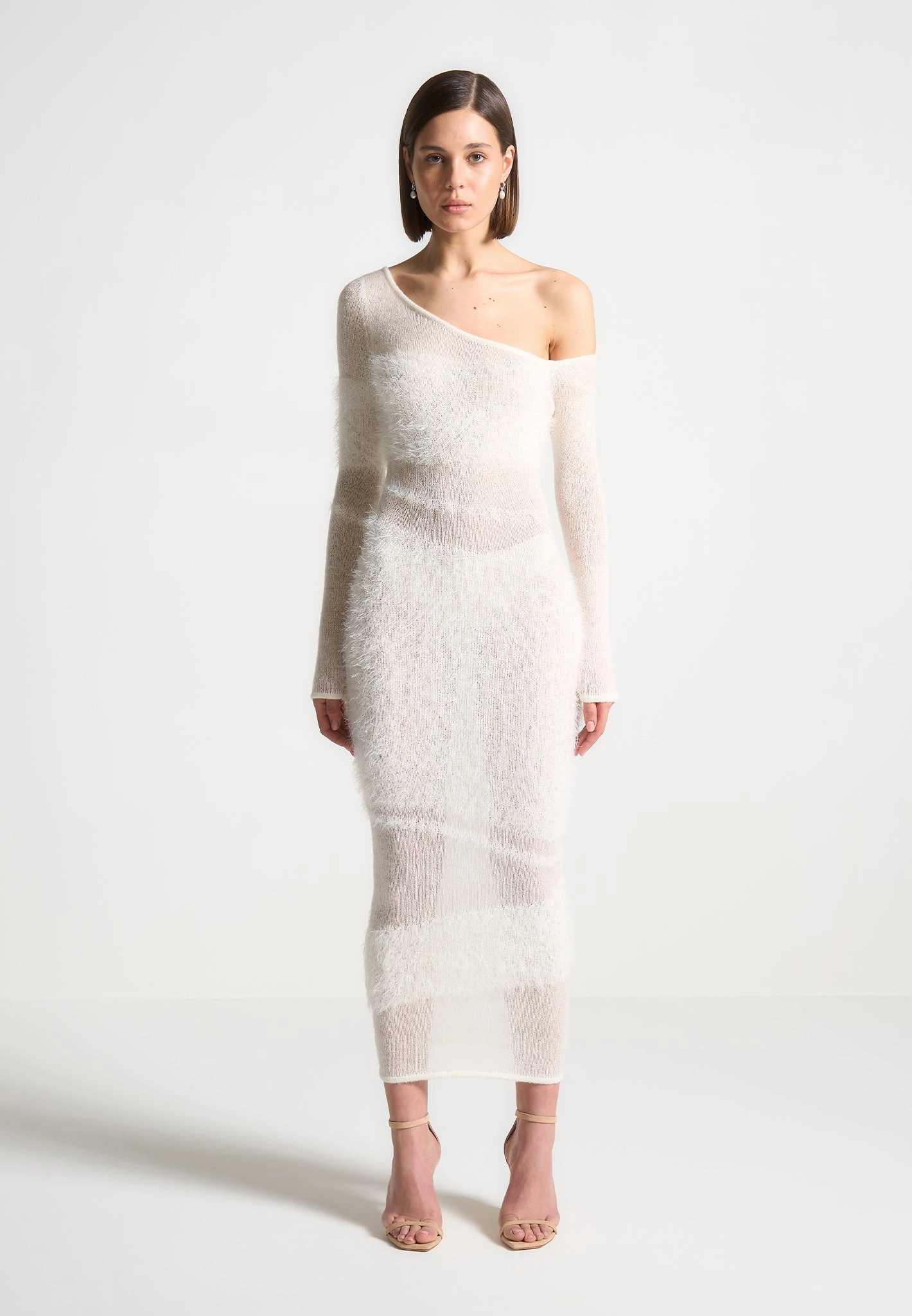 Off Shoulder Knitted Maxi Dress - Off White Modern Outfit Midweight Feel