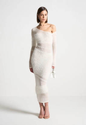 Yarn Dyed Seam Free Edges Off Shoulder Knitted Maxi Dress - Off White