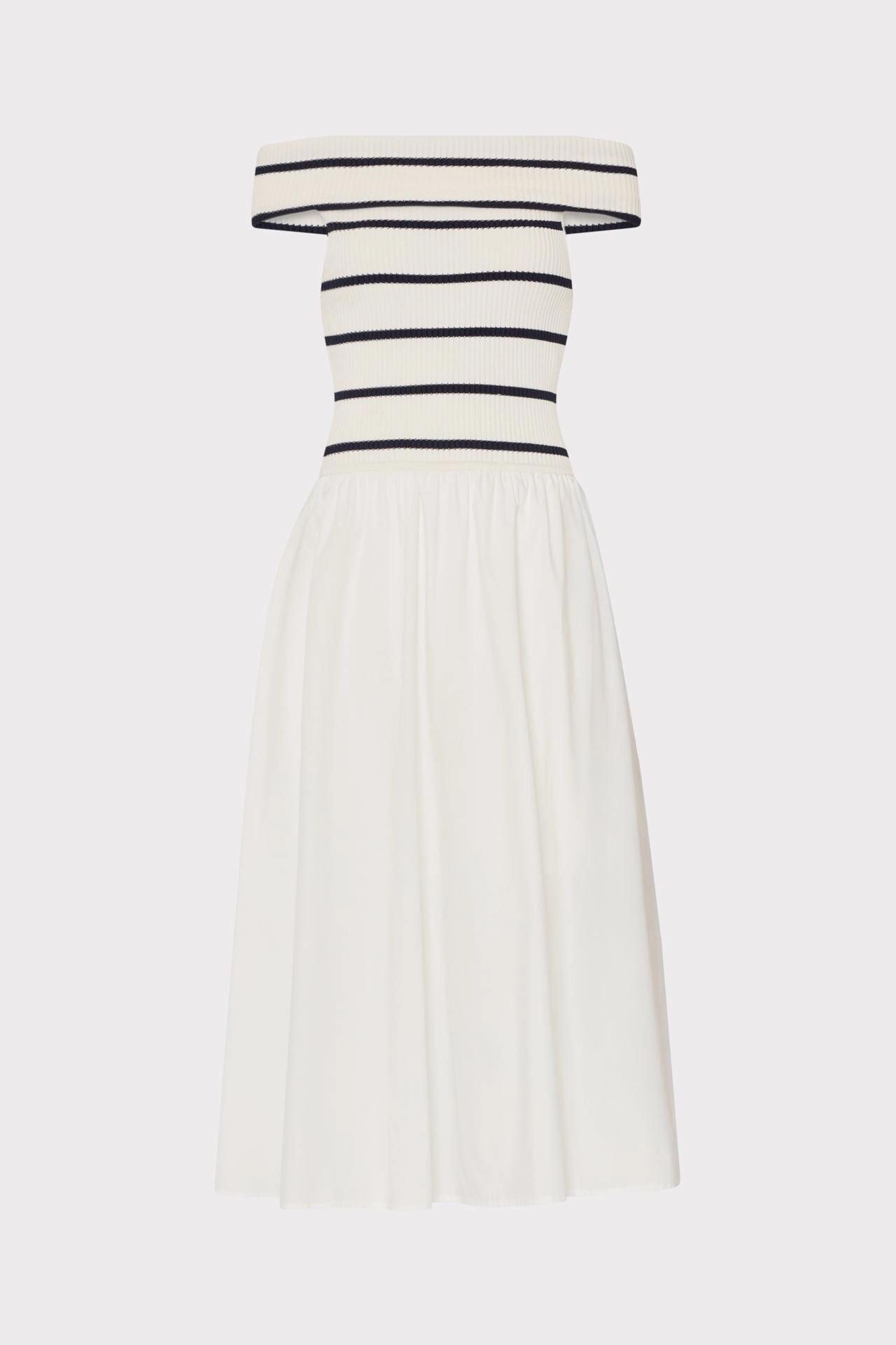 All-Day Use Off The Shoulder Stripe Knit Poplin Midi Dress