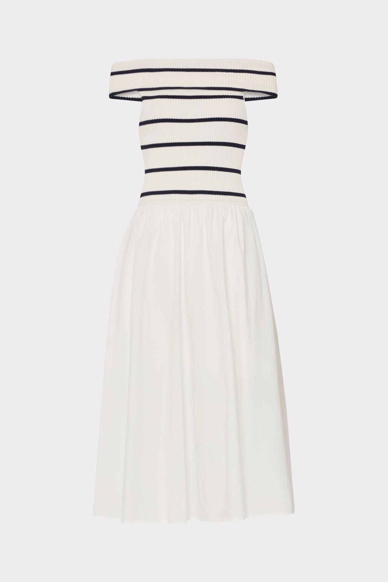 MoistureWicking Texture Home Style Off The Shoulder Stripe Knit Poplin Midi Dress