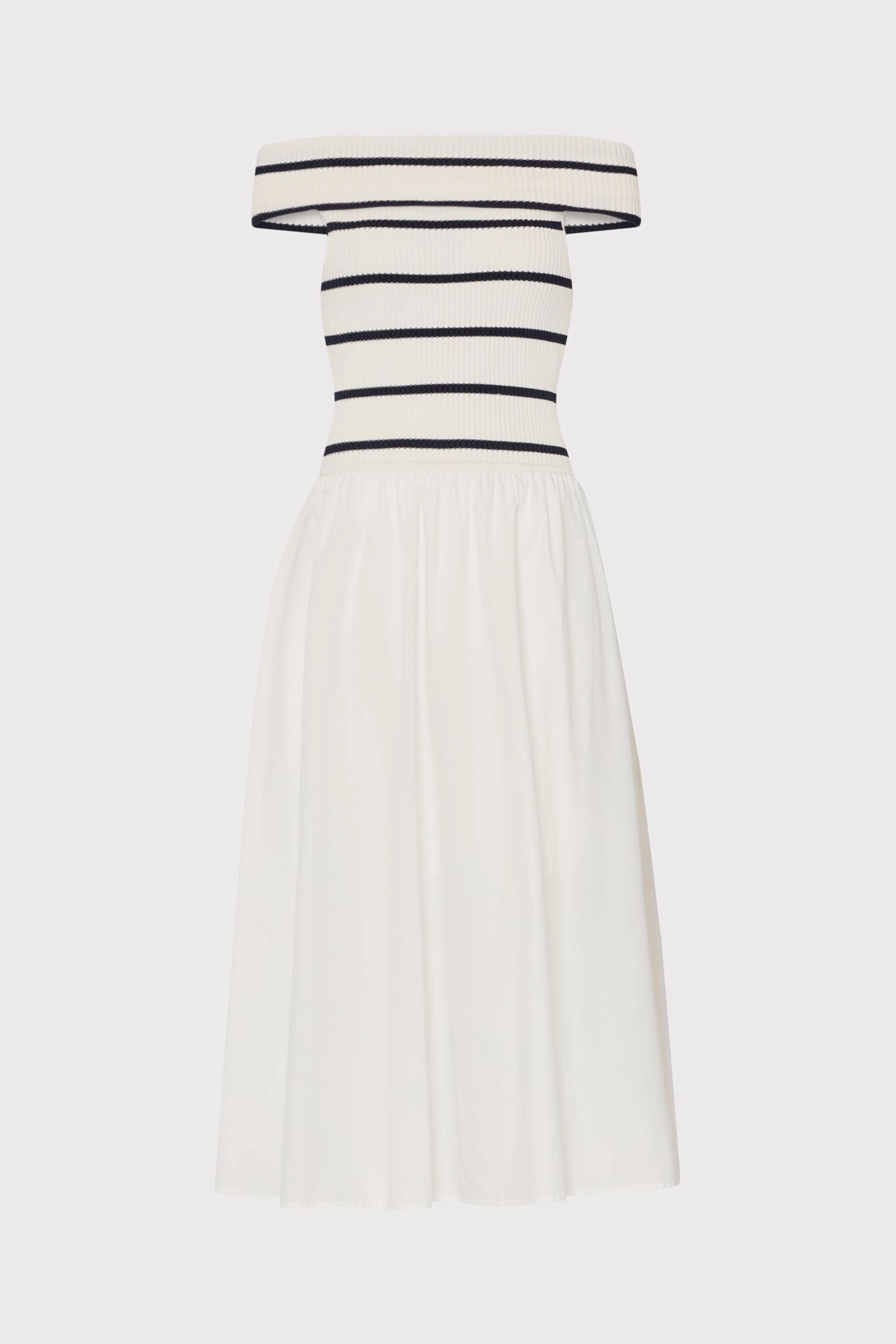 Off The Shoulder Stripe Knit Poplin Midi Dress Minimal Vibe NonIrritating Seams