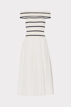 Off The Shoulder Stripe Knit Poplin Midi Dress Cozy Fleece LanolinFree Wool Processing
