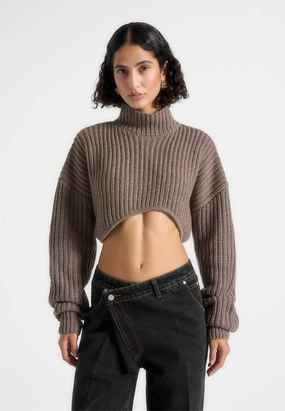 Olia - Curved Hem Knitted Jumper - Taupe Compact Knit Structure