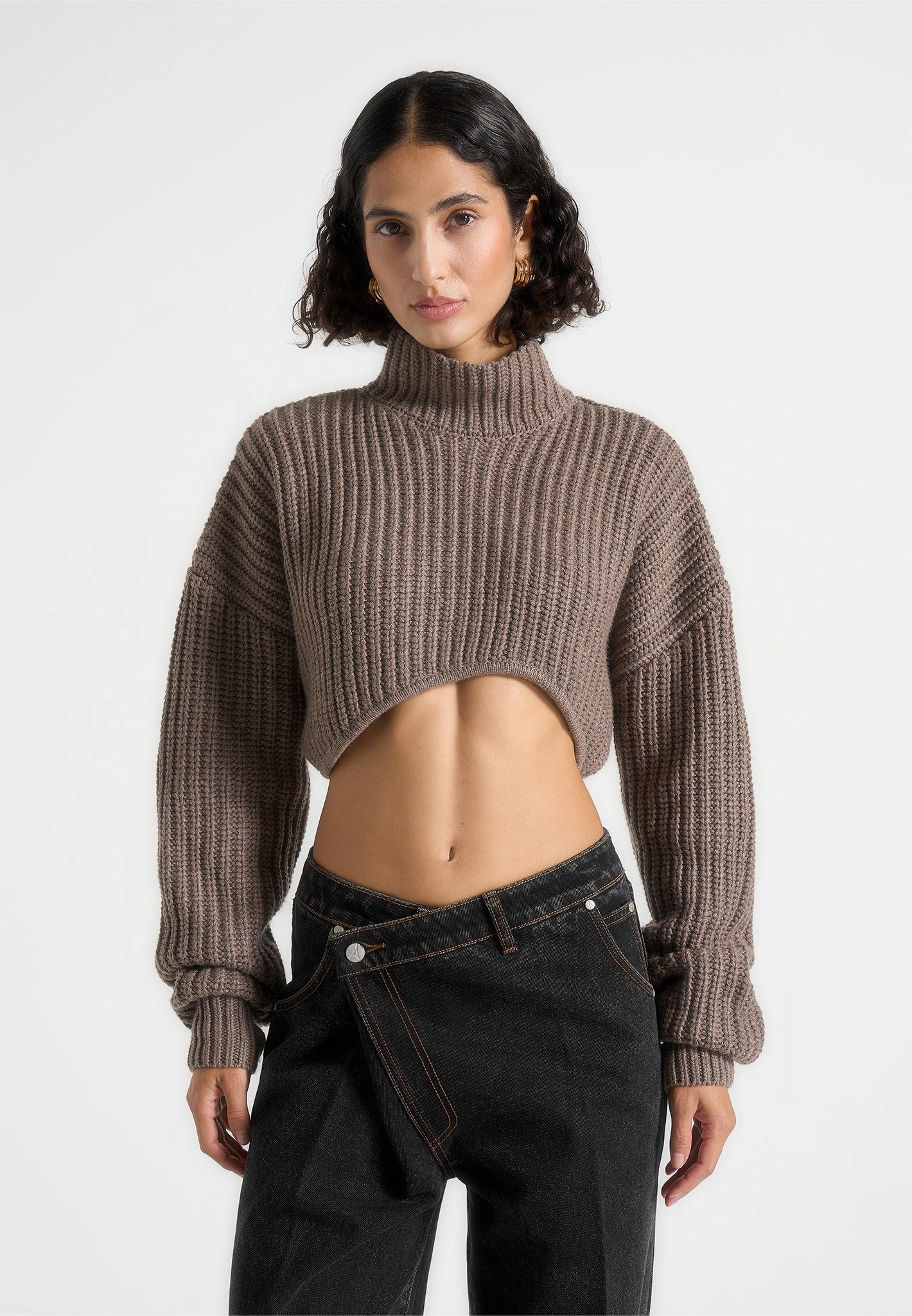 Olia - Curved Hem Knitted Jumper - Taupe Compact Knit Structure