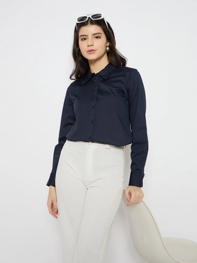 No Chafe Edging Fashion-Forward Madame Navy Blue Cotton Blend Shirt