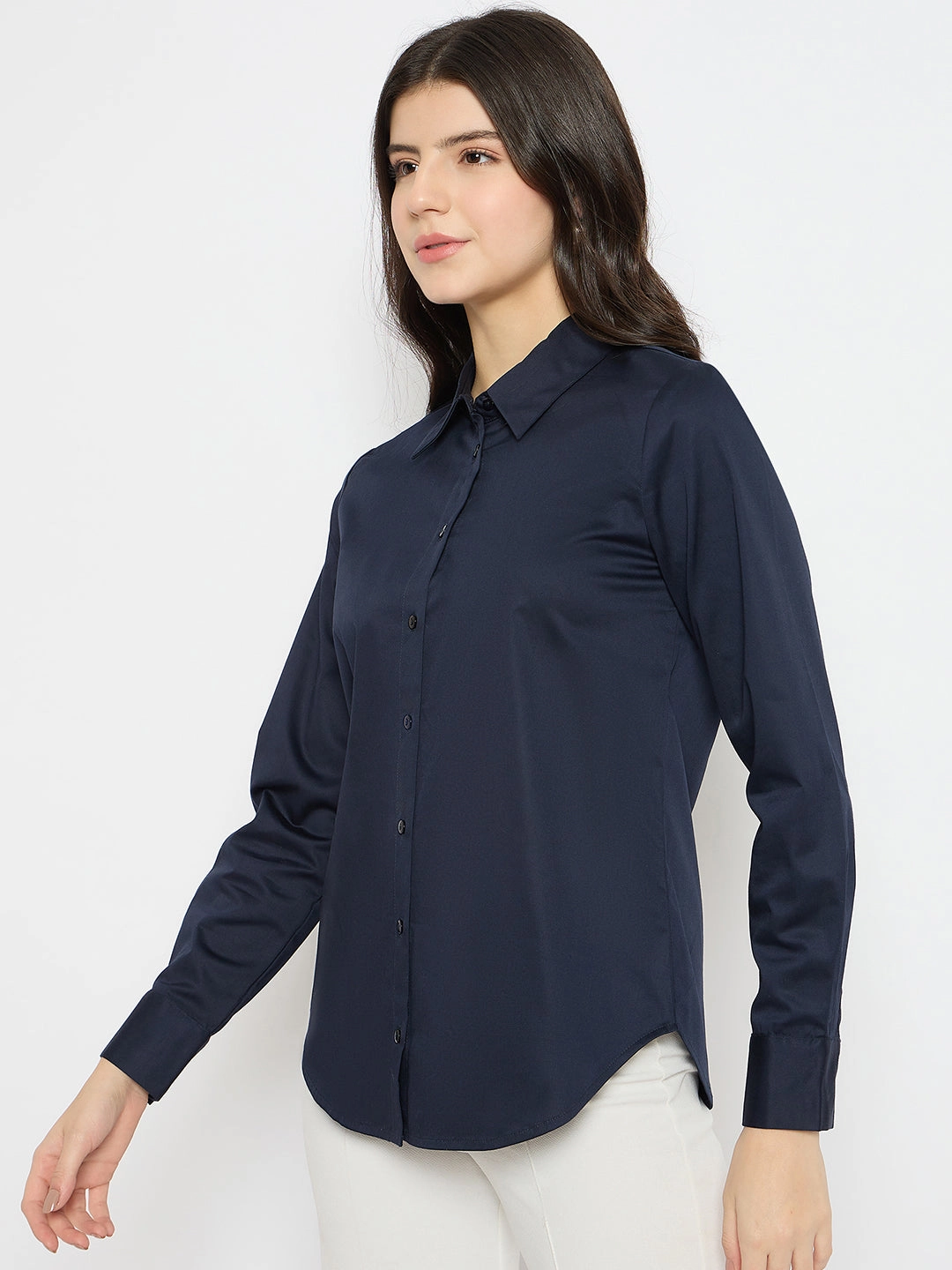 Active Design Layered Collar Madame Navy Blue Cotton Blend Shirt