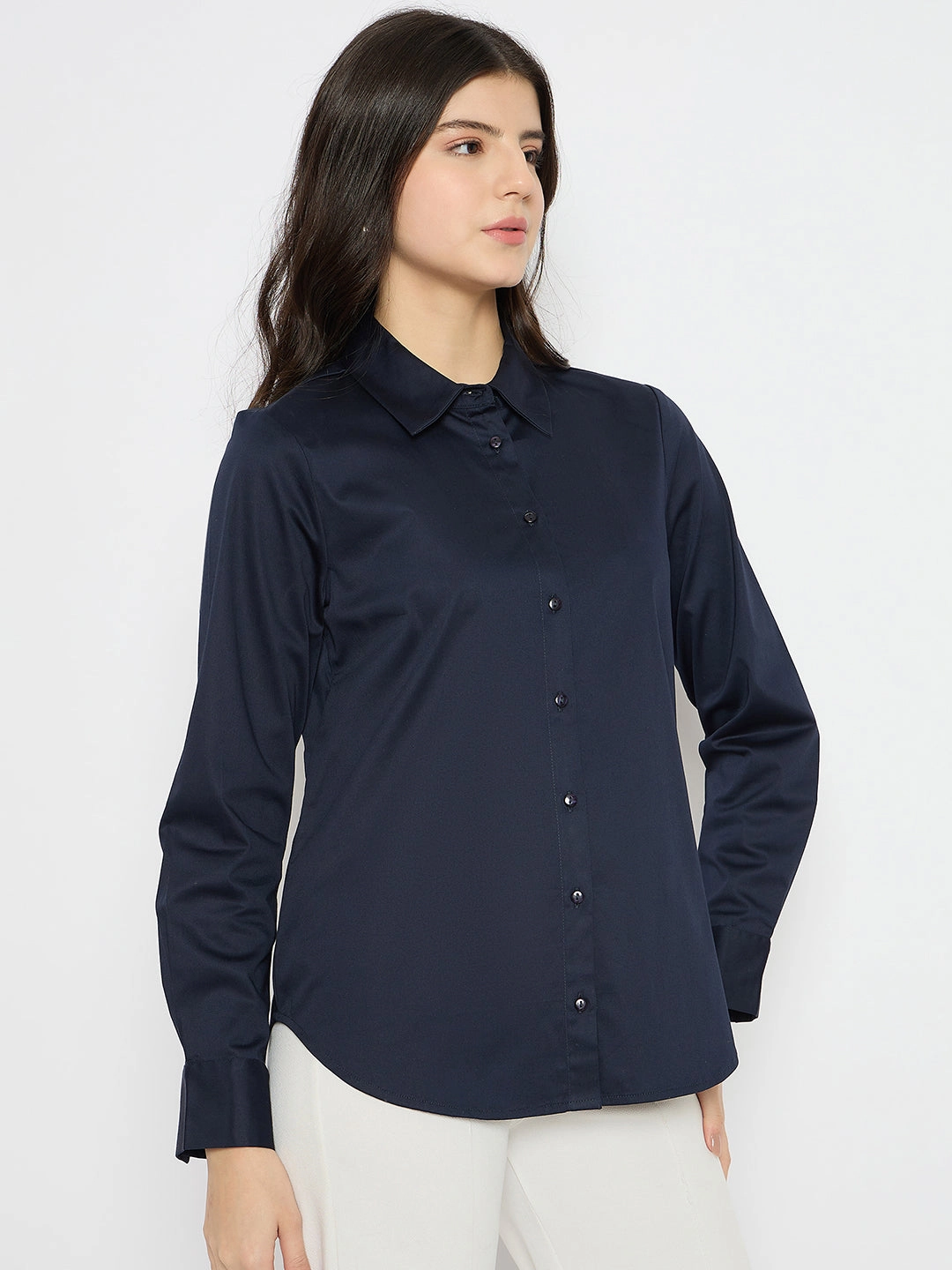 Madame Navy Blue Cotton Blend Shirt Versatile Look