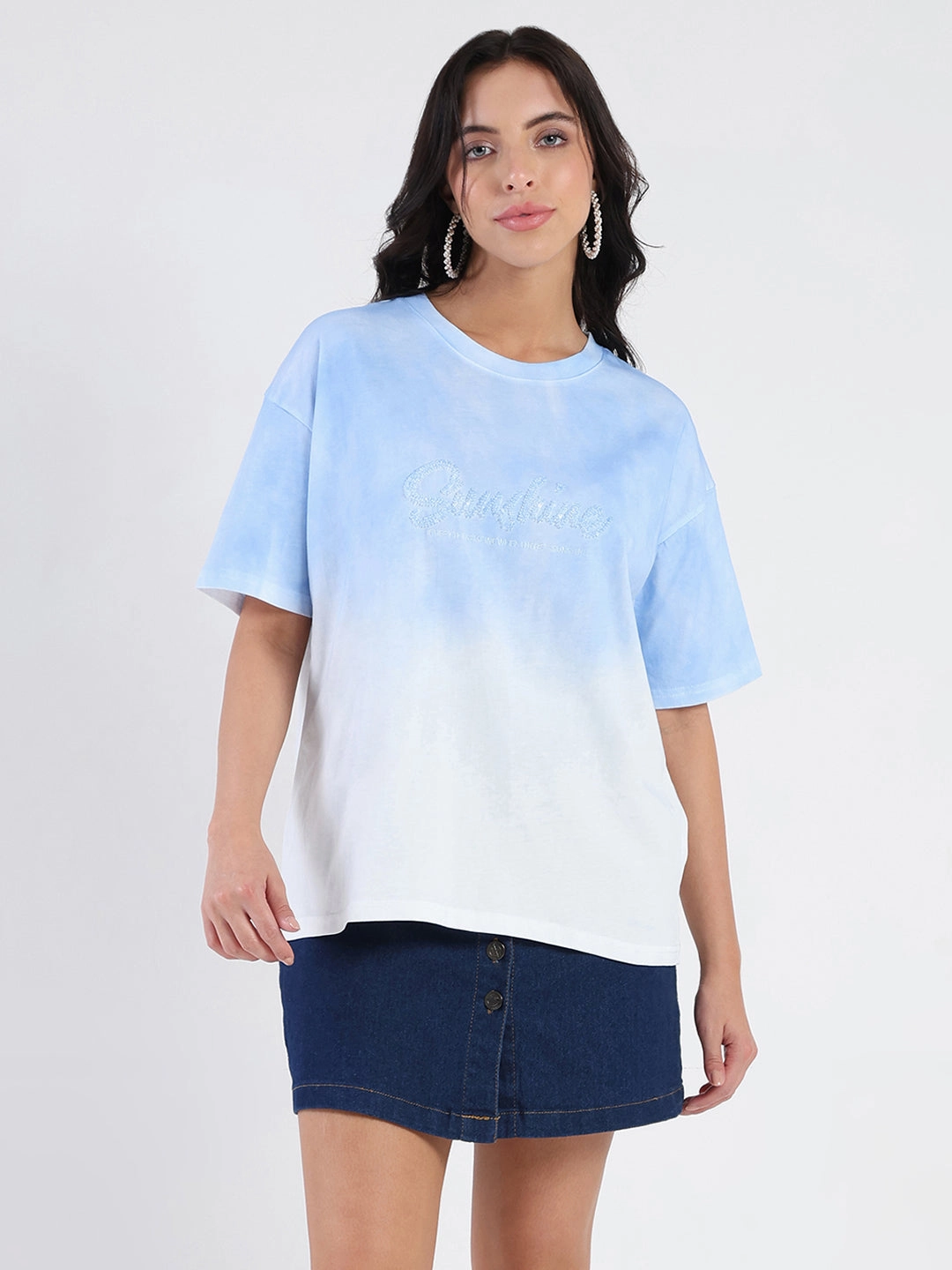 Soft Touch Fabric Durable Knit Structure Madame Ombre Loose Fit Sky Blue Oversize Cotton T-shirt