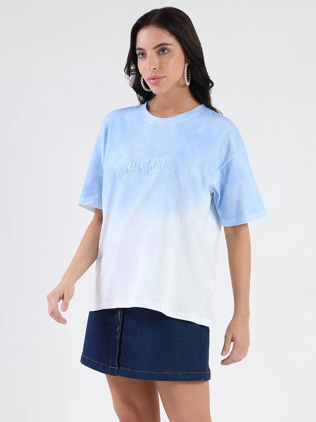 Minimal Design Active Trend Madame Ombre Loose Fit Sky Blue Oversize Cotton T-shirt