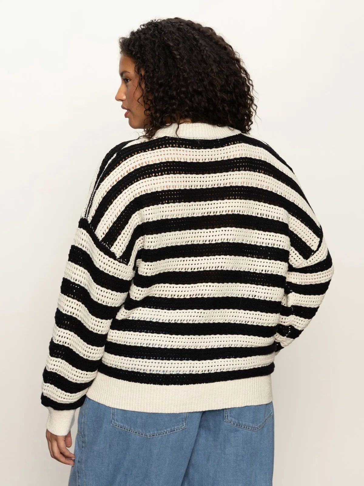 Open Knit Bomber Jacket Macrame Black Stripe Extended Sizing Anti Slip Collar Vision