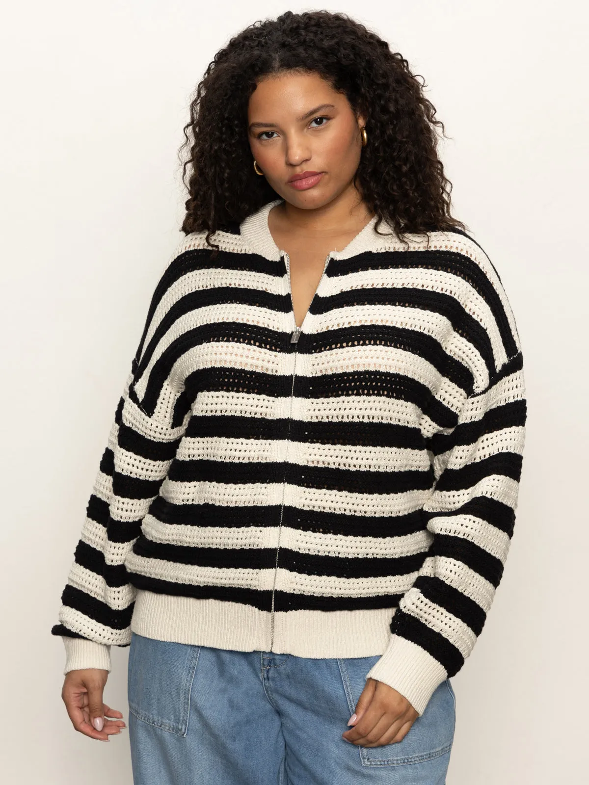 HighStretchElastic Open Knit Bomber Jacket Macrame Black Stripe Extended Sizing