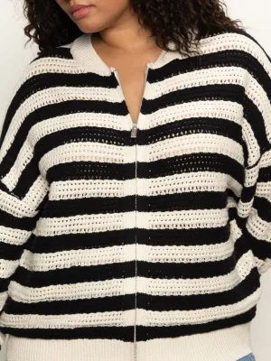 Outdoor Active Open Knit Bomber Jacket Macrame Black Stripe Extended Sizing