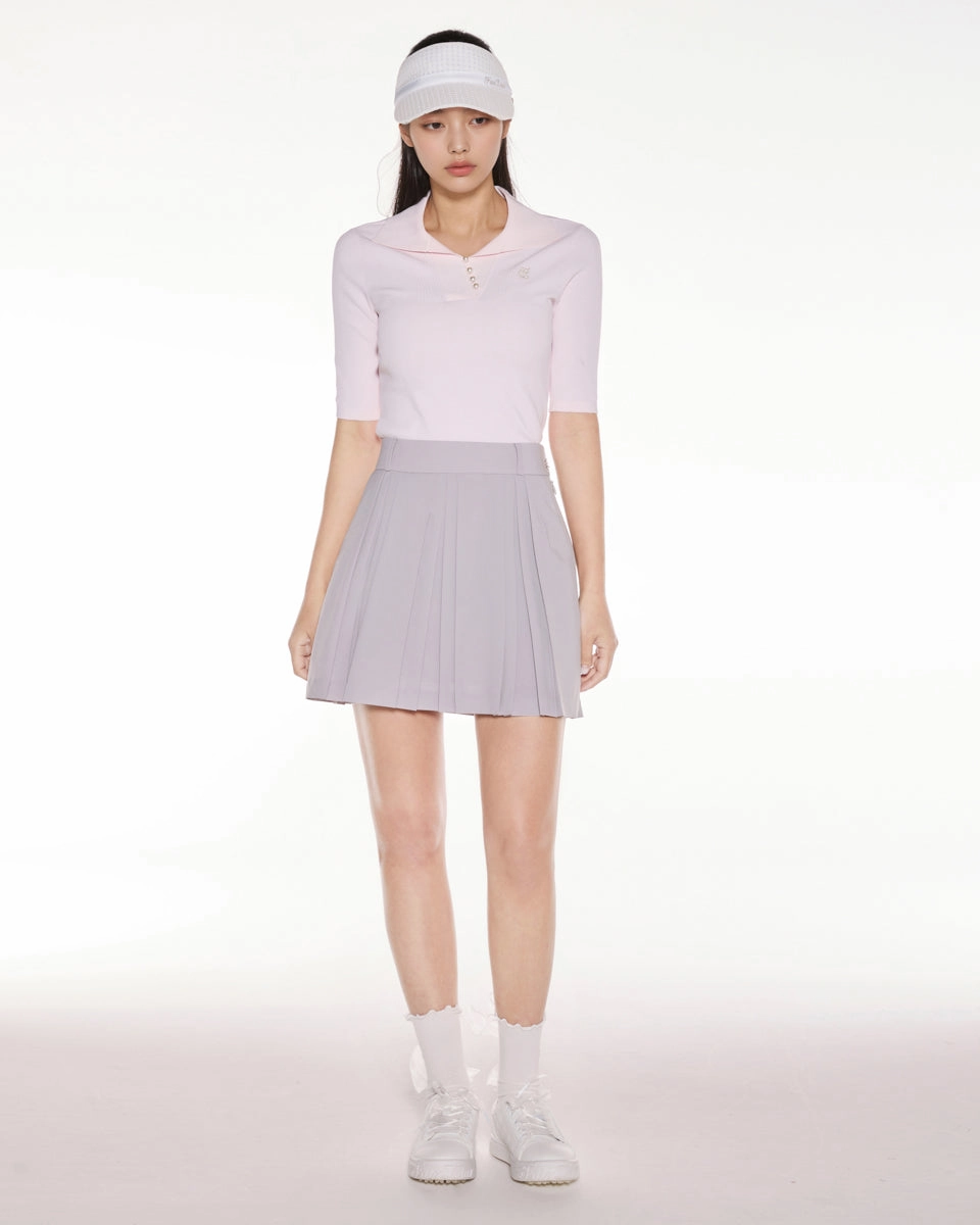 Open collar pearl point neck knit - Pink Neutral Tone Stitching