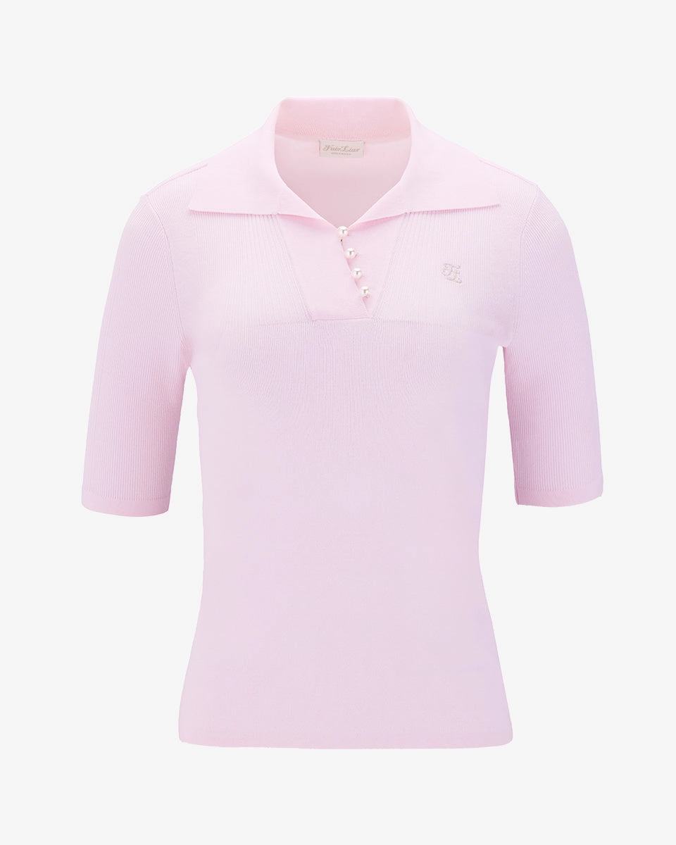 Open collar pearl point neck knit - Pink AthleisureCompatible