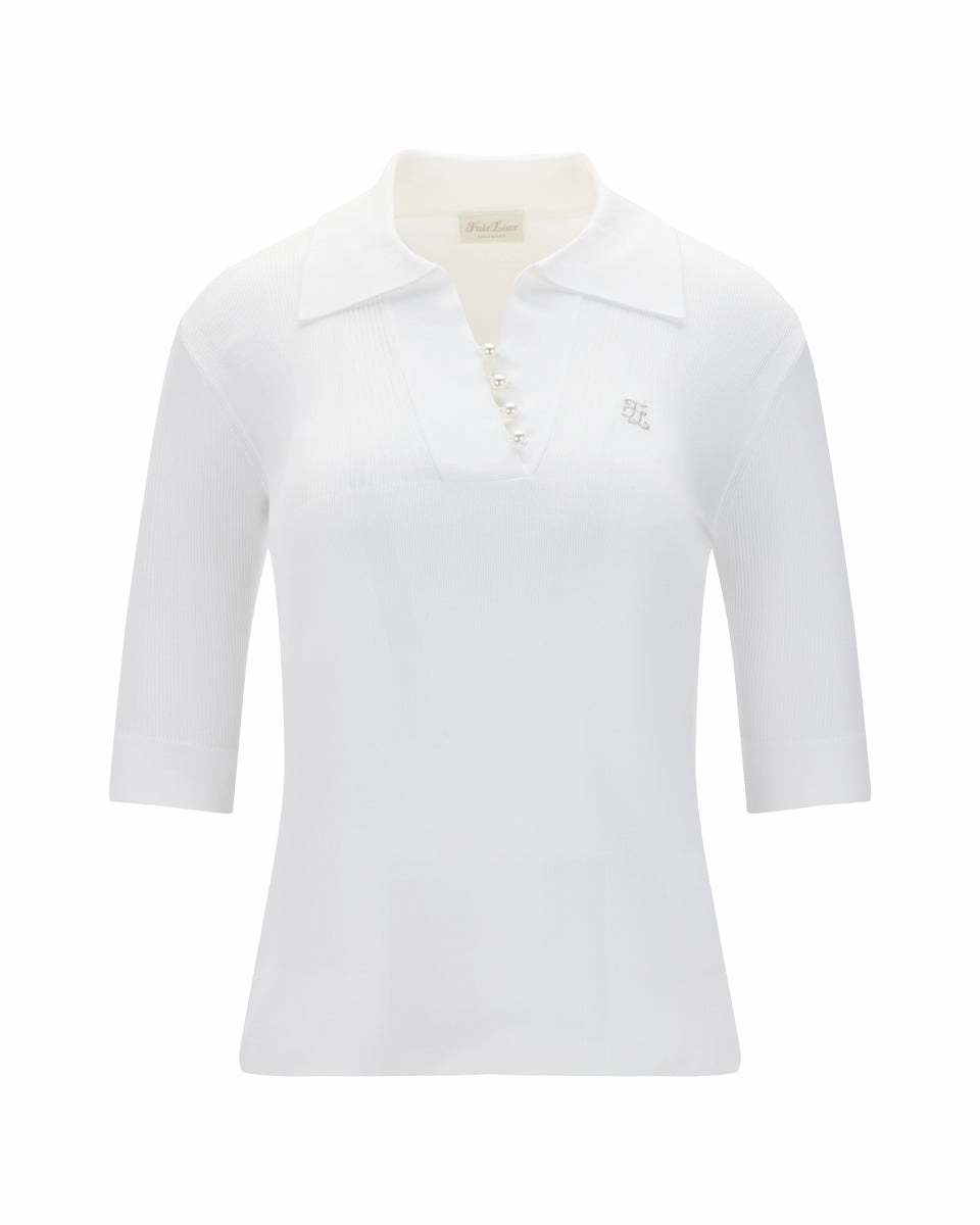 DurableBlend Sustainable Fabric Blend Open collar pearl point neck knit - White