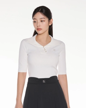 Classic Crewneck Design Relaxed Tee Open collar pearl point neck knit - White