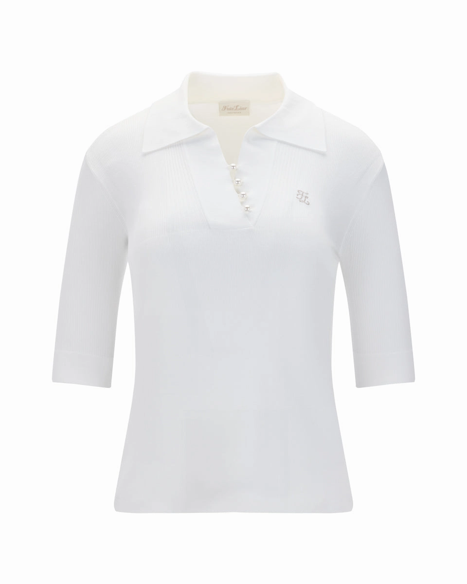 UV protection coating Open collar pearl point neck knit - White