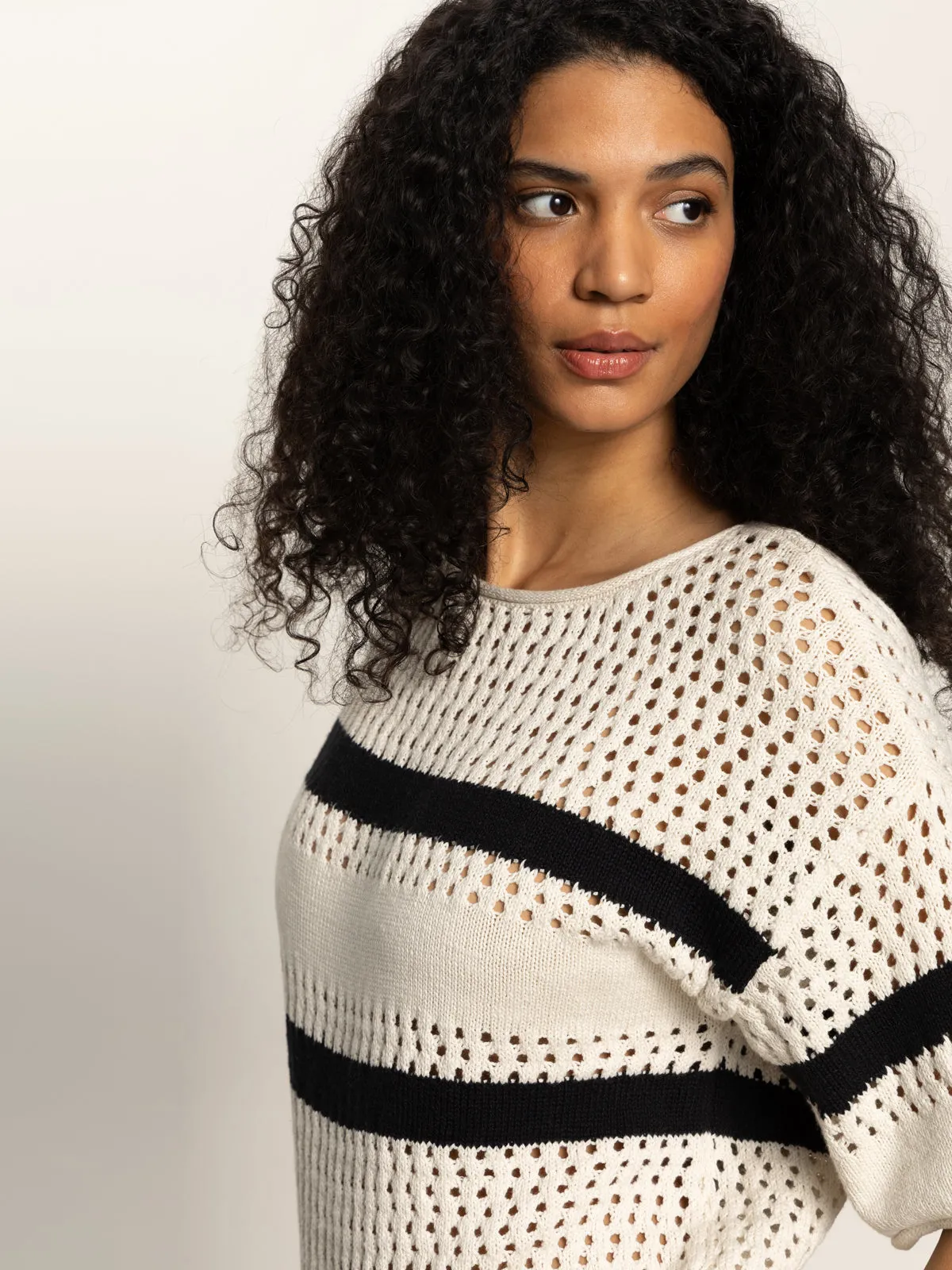 Openwork Tee Black Chalk Stripe Relax Style Trend OekoTexCertified