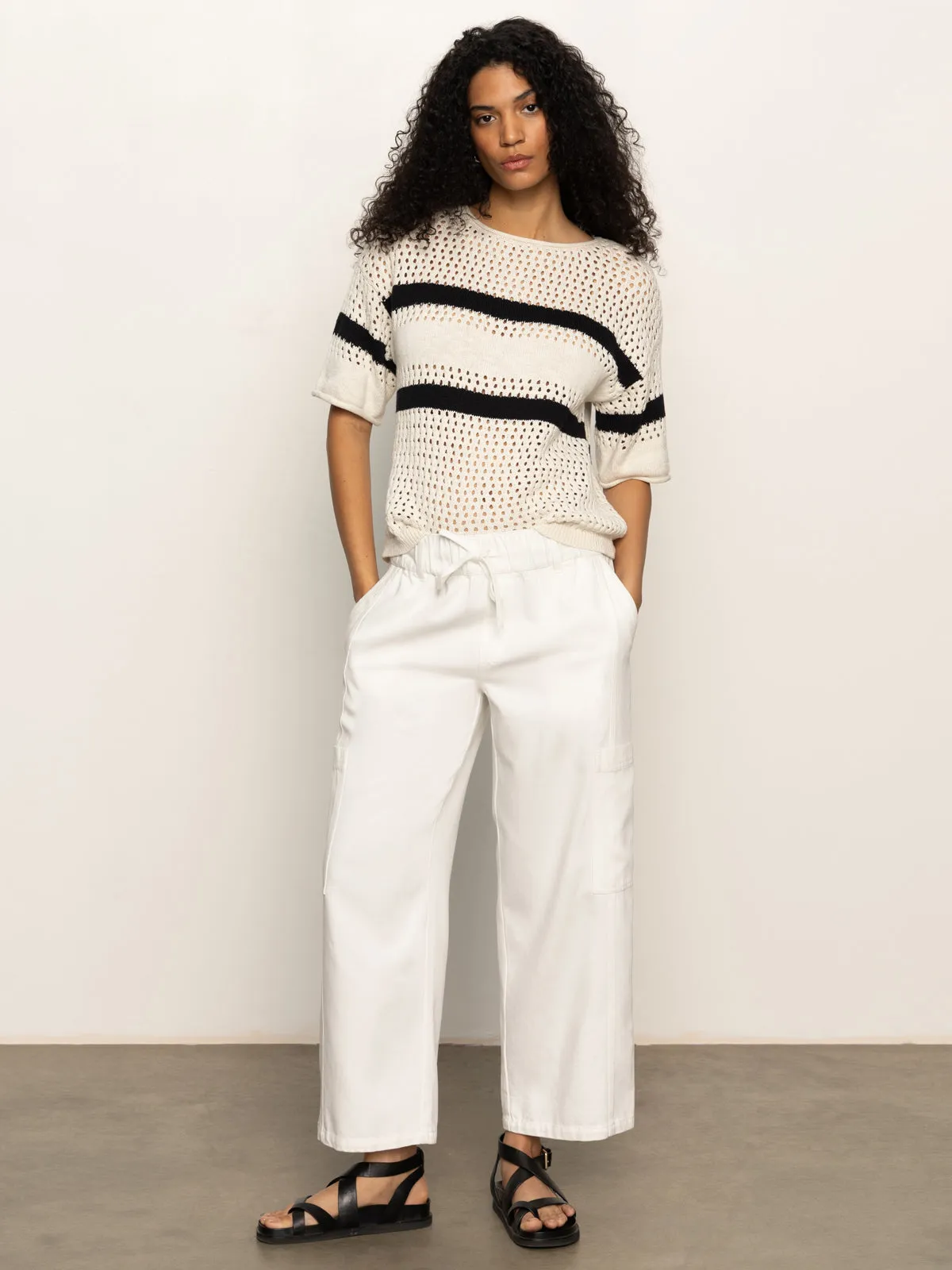 Openwork Tee Black Chalk Stripe Classic Layer Casual Chic Wear