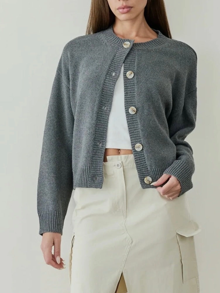 Ophelia Cardigan - Grey Ribbed Collar Detail