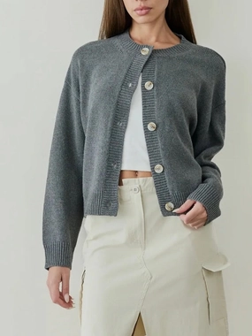Ophelia Cardigan - Grey Ribbed Collar Detail