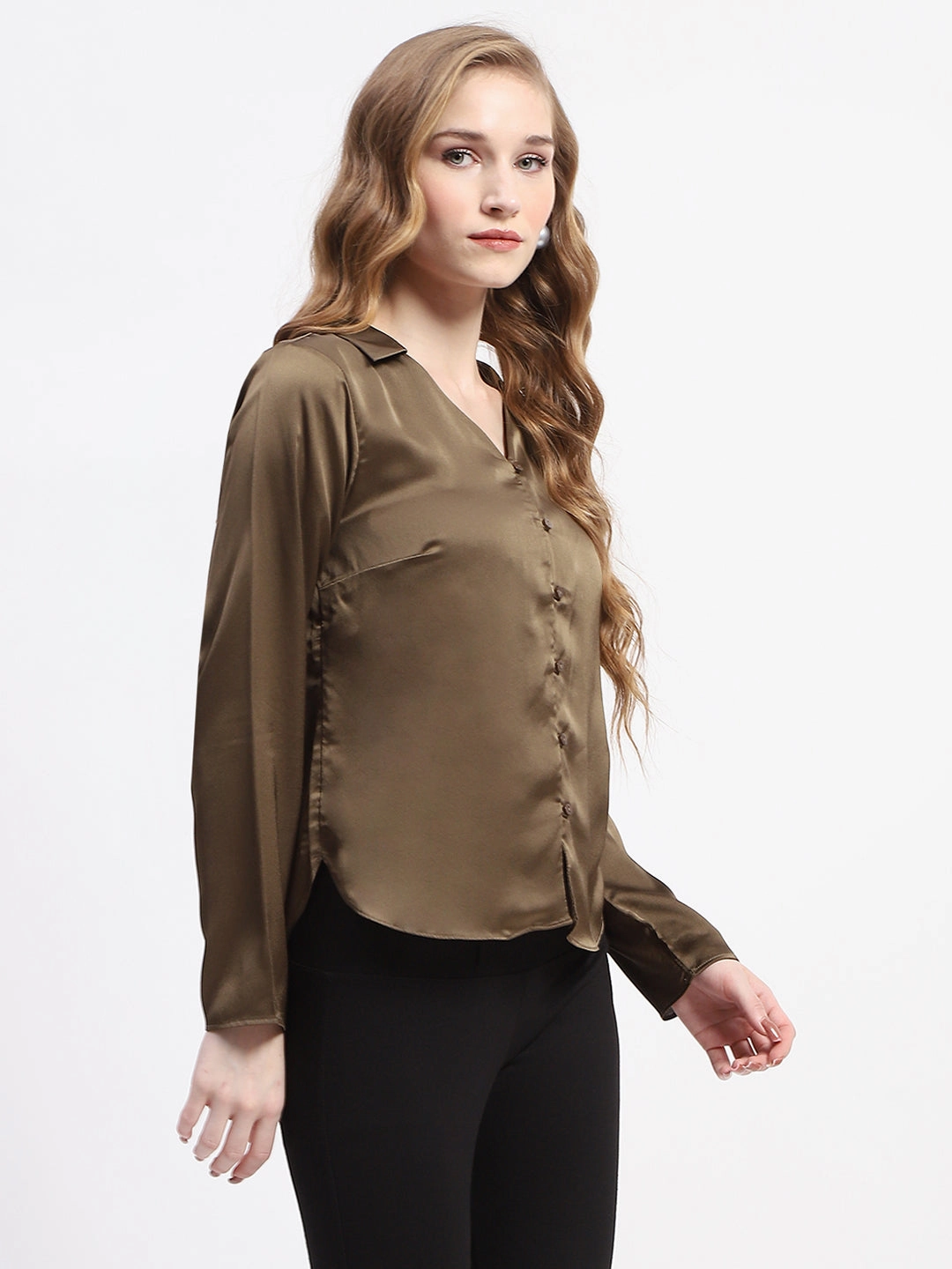 Embroidered Logo Weekend Adventure Madame Satin Bell Sleeve Collared Solid Olive Green Top