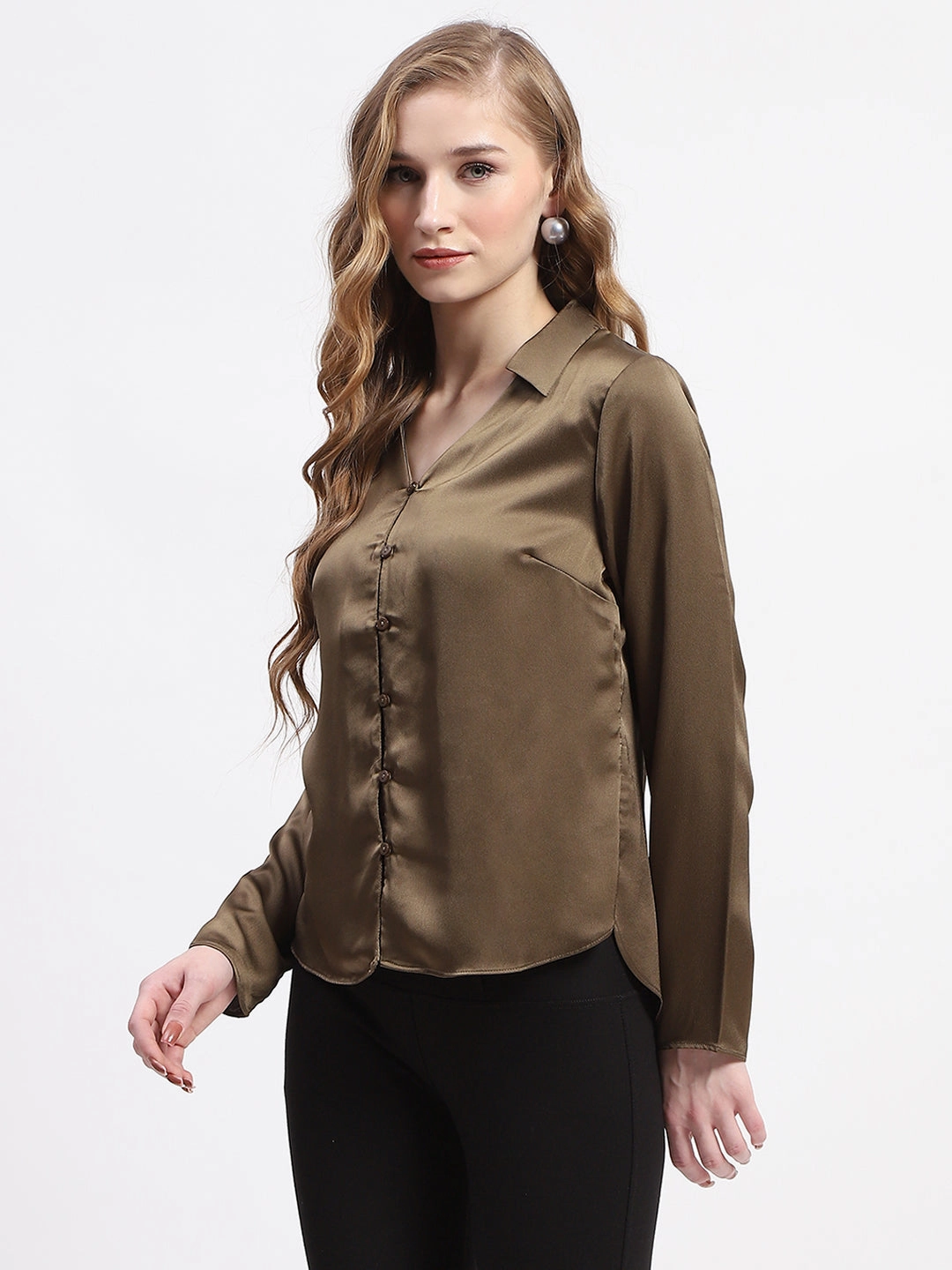 Madame Satin Bell Sleeve Collared Solid Olive Green Top EasyCare Fabric