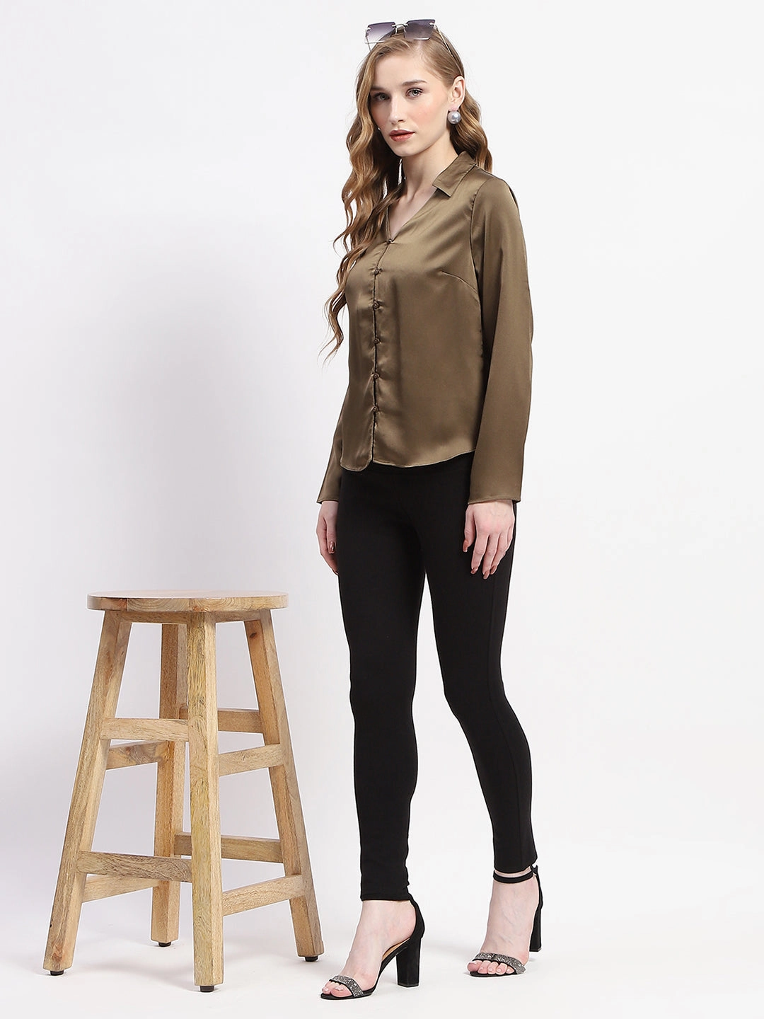 Madame Satin Bell Sleeve Collared Solid Olive Green Top Casual Friday