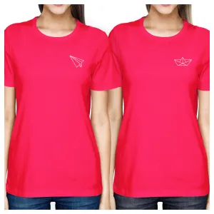 Origami Plane And Boat BFF Matching Hot Pink Shirts