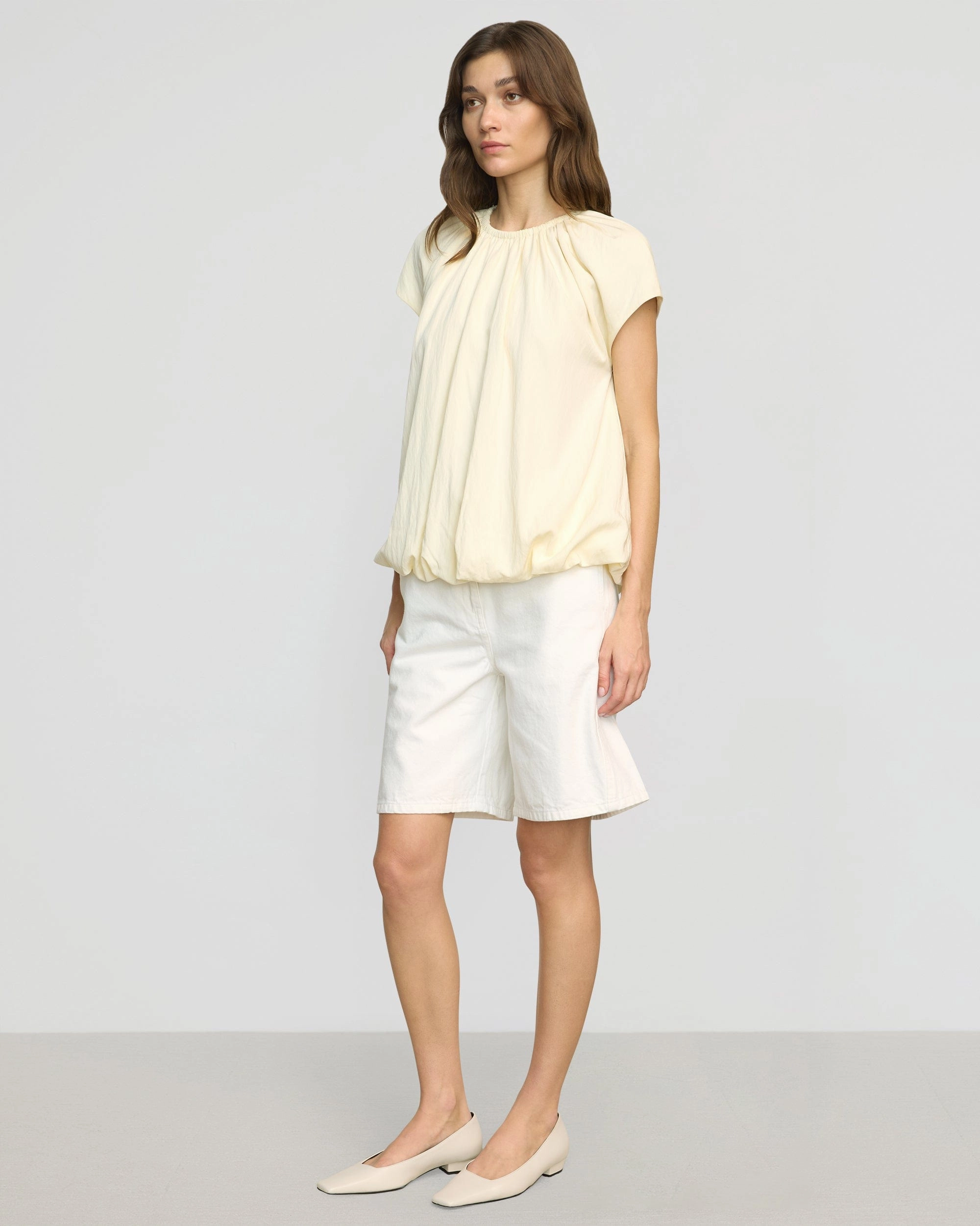 TonalStitching NonToxicCoating Orinda Shirred-Neck Bubble-Hem Blouse