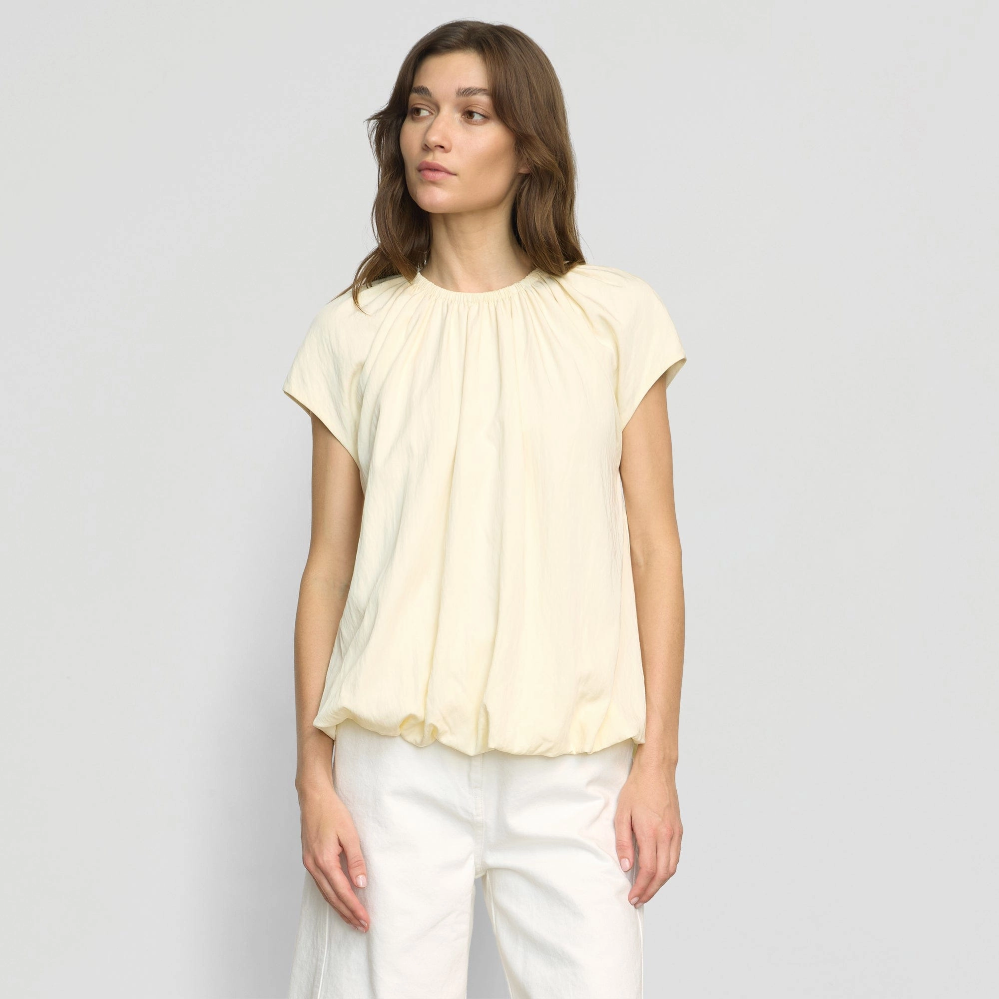 NonRestrictiveCollar HypoallergenicConstruction Orinda Shirred-Neck Bubble-Hem Blouse