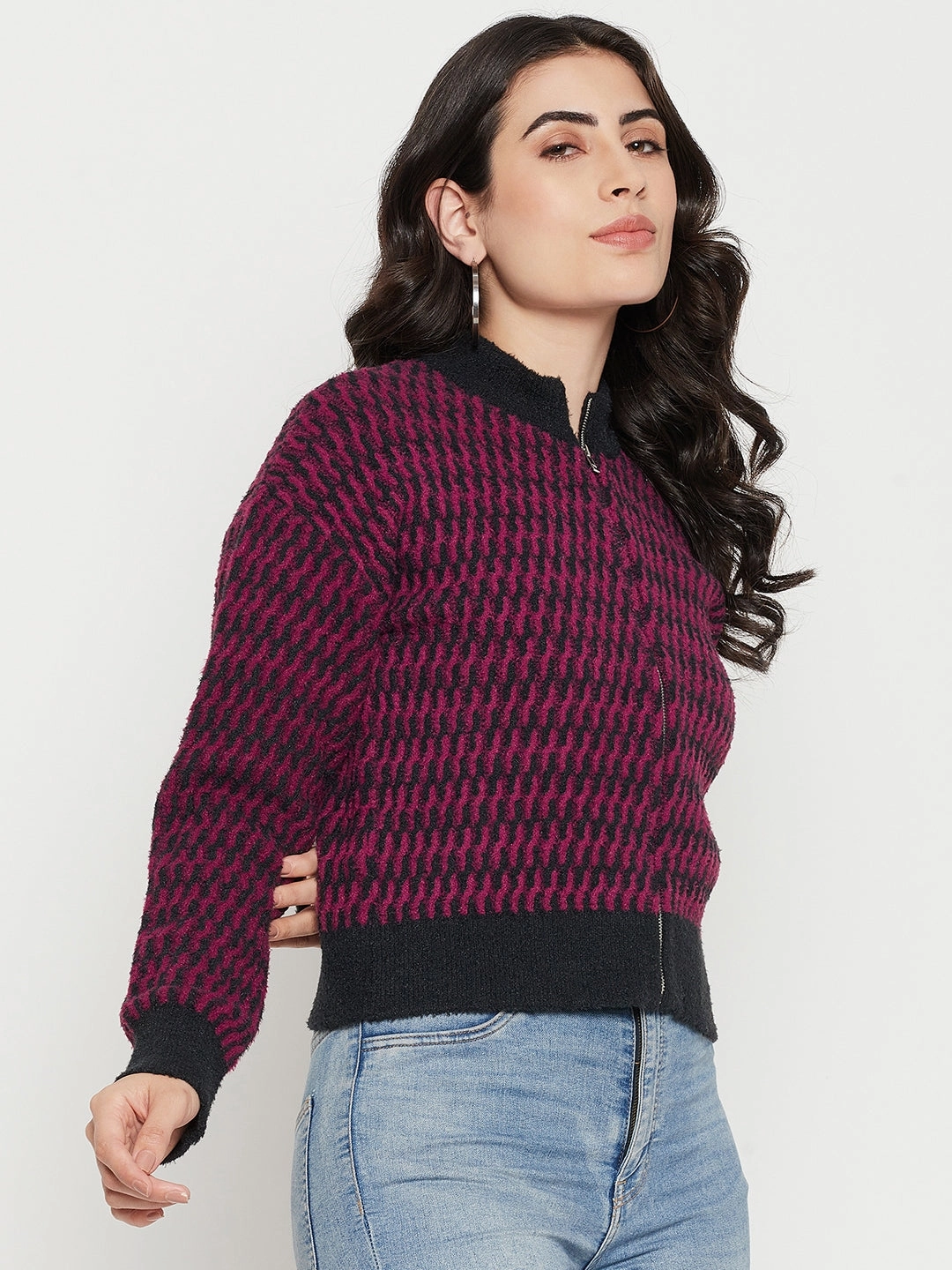 Madame Printed Dark Purple Sweater Elastic Fit