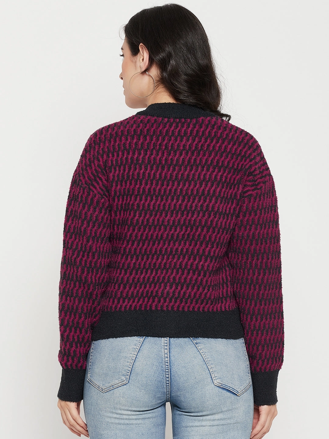 Comfortable Stretch Quick Knit Madame Printed Dark Purple Sweater