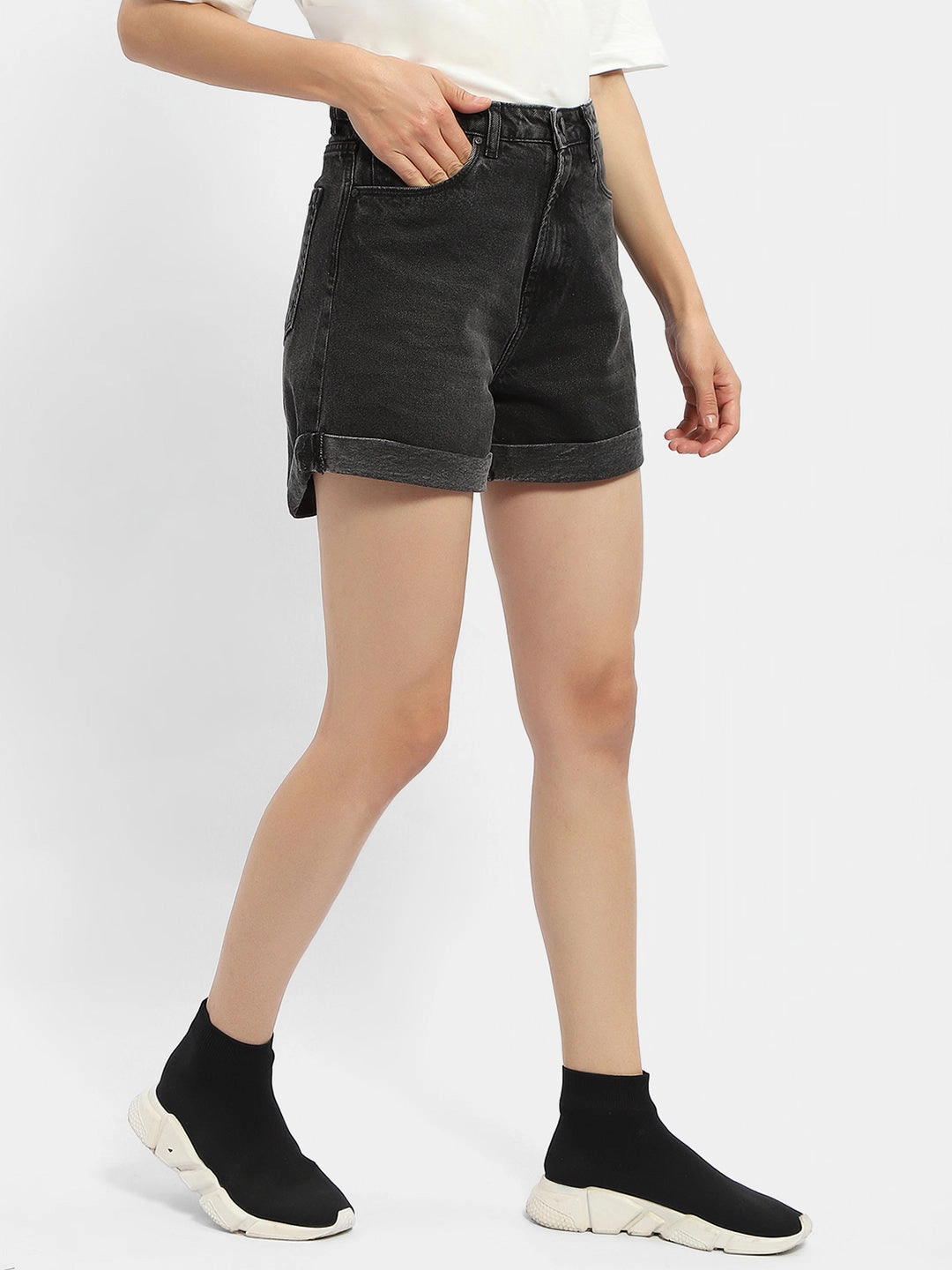 Madame Washed Charcoal Black Denim Shorts Easy Outfit