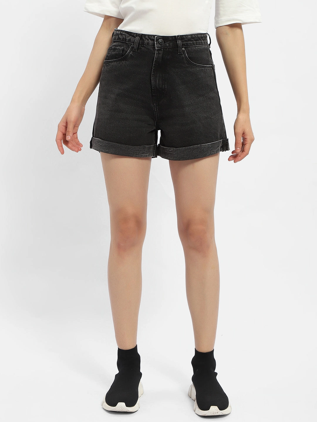 Structured silhouette Clean Cut Madame Washed Charcoal Black Denim Shorts
