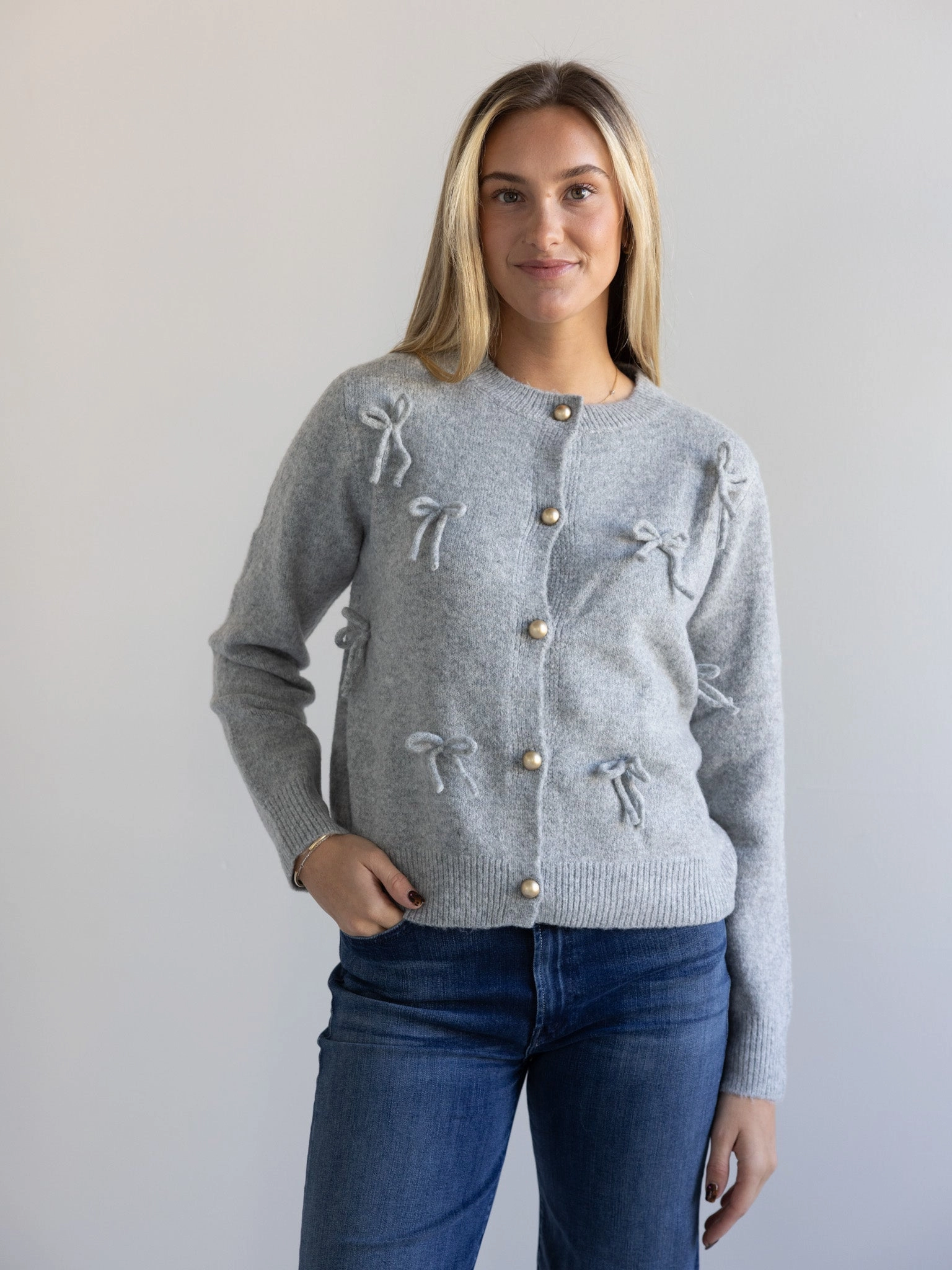 Annie Bow Cardigan Grey Tonal Stitching Detail