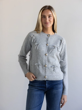 Annie Bow Cardigan Grey Tonal Stitching Detail